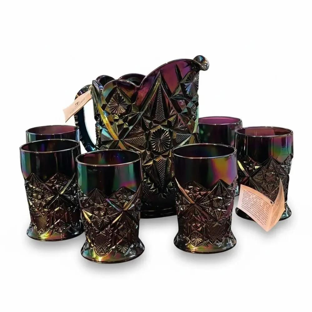 Fenton Imperial Lace Amethyst Carnival Glass Pitcher Set + 6 Tumblers NEW/TAGS!